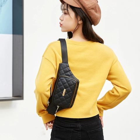 Riñonera De Cuero PU Acolchada Patrón De Rombos Correa Ajustable Bolso De Pecho Casual Mujeres Niñas