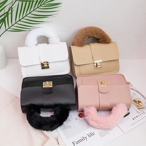 Borsa A Mano Con Manico In Pelliccia Sintetica Pelle PU Piccola Borsa A Tracolla Quadrata Con Catena In Metallo Dorato