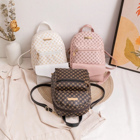 Women Fashion PU Leather Mini Backpack And Matching Pouch Contrast Color Printed Geometric Pattern Travel Daypack