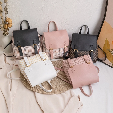 Mini Sac À Dos Pour Femmes En Cuir PU Imprimé Monogramme À Carreaux Rabat Boucle Mode Style Preppy