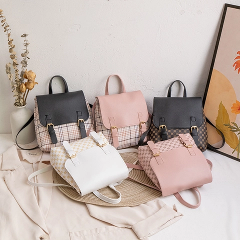 Mini Sac À Dos Pour Femmes En Cuir PU Imprimé Monogramme À Carreaux Rabat Boucle Mode Style Preppy