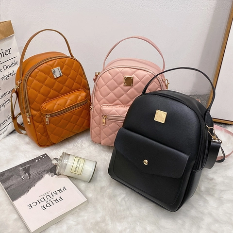 Mini Rucksack Damen PU Leder Gesteppter Rautenmuster Mode Lässiger Tagesrucksack Mit Goldener Hardware