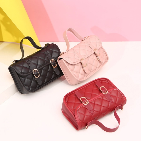 Quilted PU Leather Handbag For Women Retro Rhombic Square Crossbody Bag With Wide Alphabet Pattern Strap Flap Double Buckles