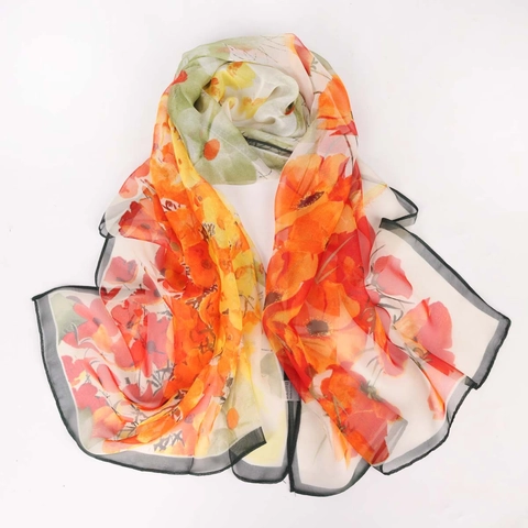 Women Fashion Georgette Printed Scarf Long Thin Soft Floral Wrap For Travel Dance Elegant Decorative Hair Tie Silk Scarf