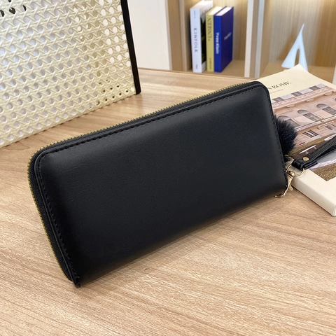Women Long Wallet PU Leather V-Quilted Zip Around Clutch Bag With Wristlet And Pom Pom Keychain Multi Card Slots