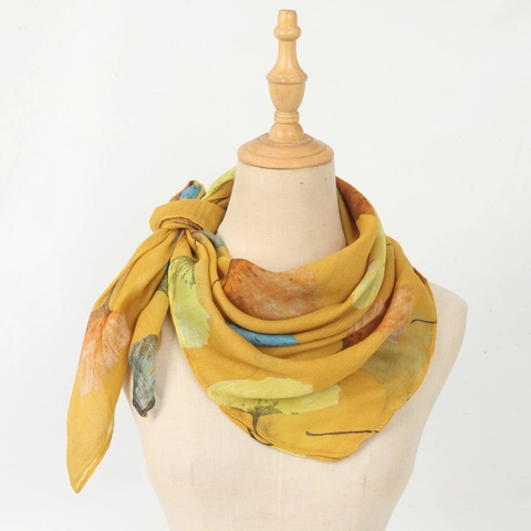 Ginkgo Leaf Print Viscose Square Scarf Women Lightweight Breathable Neck Wrap Retro Floral Shawl Accessory