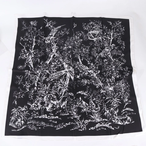Vintage Toile De Jouy Print Satin Square Scarf For Women French Style Bird Floral Pattern Silk Feel Sun Protection Hijab Headscarf