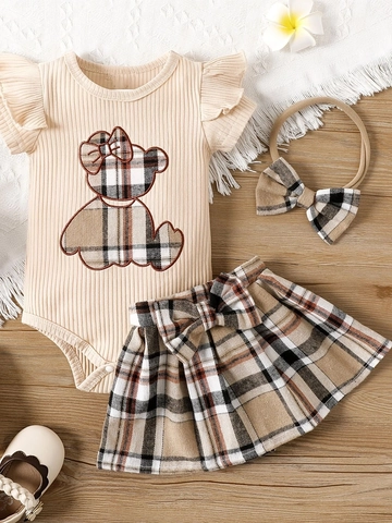 Newborn Baby Girl Clothes Ribbed Ruffle Sleeve Bodysuit And Plaid Bow Skirt With Matching Headband