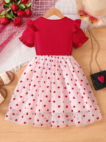 Girls Short Sleeve Dress Ribbed Cotton Heart Print Mesh Tulle Patchwork Ruffled Fly Sleeve Sweet Princess Outfit