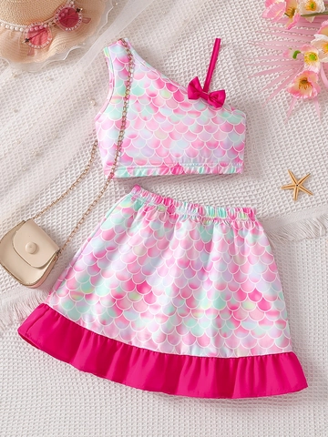 Girls Sweet Mermaid Scales Print Outfit Set Summer Sleeveless One Shoulder Top And Ruffled Skirt Clothing Set Pink For Toddlers