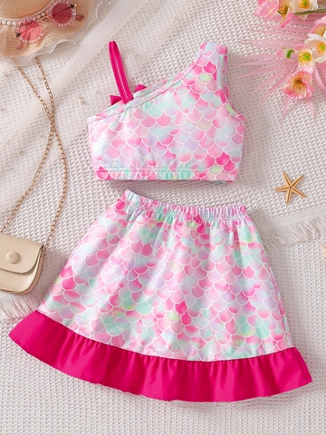 Girls Sweet Mermaid Scales Print Outfit Set Summer Sleeveless One Shoulder Top And Ruffled Skirt Clothing Set Pink For Toddlers