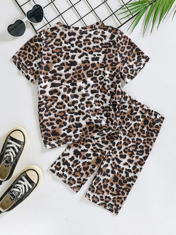 Peuter Meisjes Zomer Outfit Luipaardprint T-Shirt Met Korte Mouwen En Broek Cartoon Hooglandkoe Katoenmix Casual