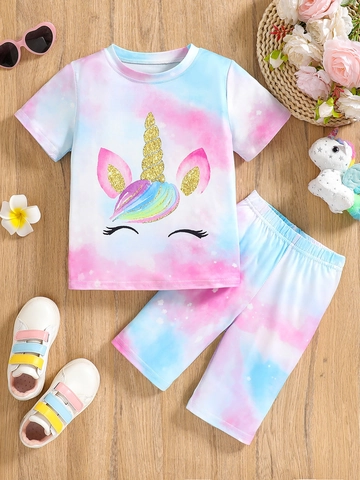 Girls Summer Tie-Dye Unicorn Short Sleeve T-Shirt And Shorts Polyester Casual Breathable Comfortable Outfits