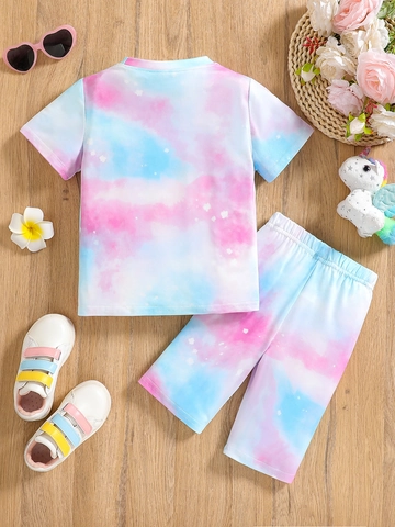 Girls Summer Tie-Dye Unicorn Short Sleeve T-Shirt And Shorts Polyester Casual Breathable Comfortable Outfits