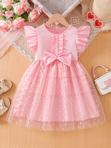 Vestido de Princesa de Malla Rosa para Niñas Lunares Lazo Manga con Volantes Mezcla de Algodón Vestido de Fiesta