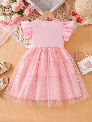 Vestido de Princesa de Malla Rosa para Niñas Lunares Lazo Manga con Volantes Mezcla de Algodón Vestido de Fiesta