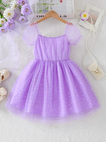 Girls Star Print Mesh Princess Dress Square Neck Puff Sleeve Tulle Summer Party Gown Cotton Lining Breathable