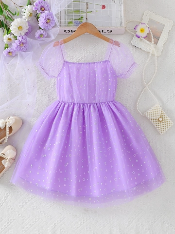 Girls Star Print Mesh Princess Dress Square Neck Puff Sleeve Tulle Summer Party Gown Cotton Lining Breathable