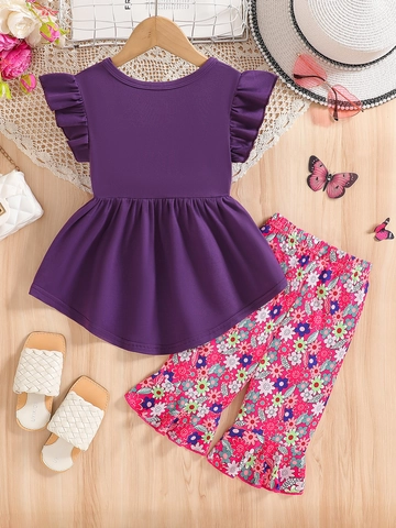 Meisjes Zomer Kledingset Katoenmix Fladdermouwen Schootje Top Bloemenprint Uitlopende Broek Casual Kinder Outfit