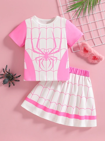 Maglietta a Maniche Corte e Gonna Completo da Bambina Rosa Bianco Motivo a Ragnatela Vestiti Casual per Piccoli