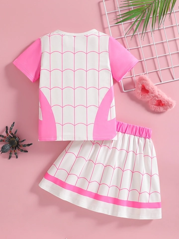Maglietta a Maniche Corte e Gonna Completo da Bambina Rosa Bianco Motivo a Ragnatela Vestiti Casual per Piccoli