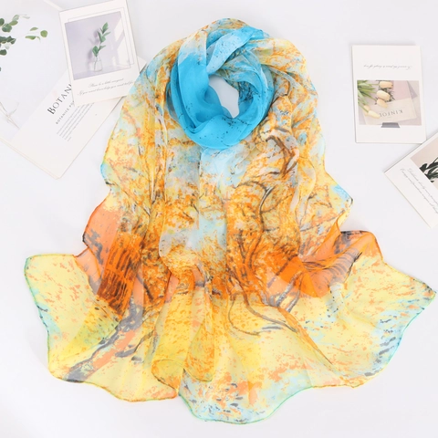 Sciarpa Lunga Donna Morbido Georgette Stampa Albero Della Vita Scialle Protezione Solare Elegante Leggero Traspirante