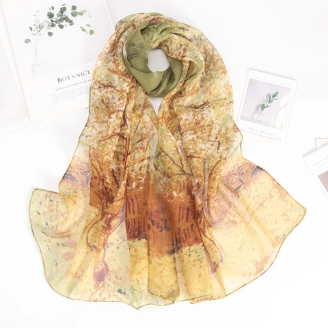 Sciarpa Lunga Donna Morbido Georgette Stampa Albero Della Vita Scialle Protezione Solare Elegante Leggero Traspirante