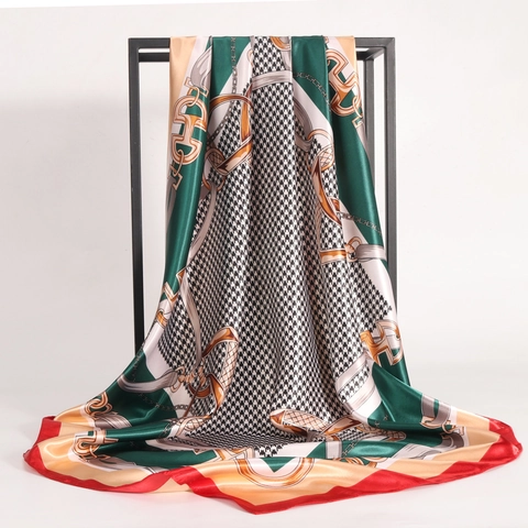 Elegante Foulard Quadrato Effetto Raso Da Donna Stampa Pied De Poule Catena Retro Raso Bandana Scialle Accessorio Moda