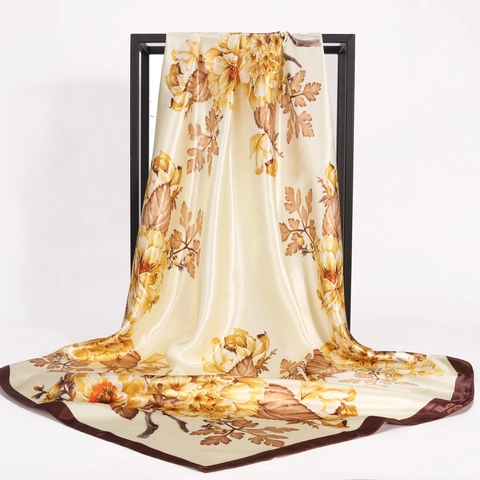 Elegant Floral Print Satin Square Scarf Large Bandana Headscarf For Women Travel Sun Protection Decorative Hair Wrap Scarf