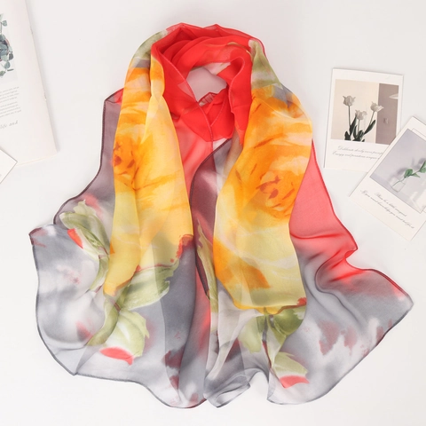 Pañuelo para Mujer Estampado Floral de Rosas Elegante Chal de Georgette Transpirable Delgado Protección Solar para Viajes de Verano Accesorio de Moda Diario