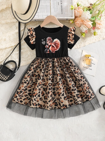 Vestido Niñas Manga Corta Leopardo Malla Empalme Dibujos Animados Verano Casual Estilo Princesa