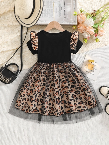 Vestido Niñas Manga Corta Leopardo Malla Empalme Dibujos Animados Verano Casual Estilo Princesa