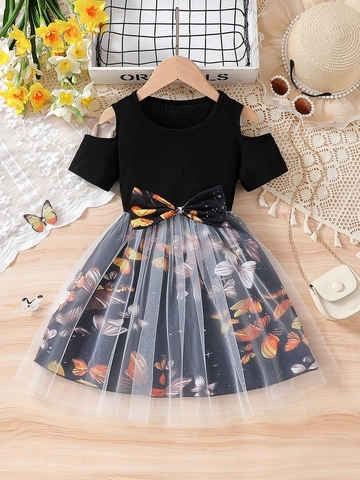 Girls Cold Shoulder Butterfly Print Mesh Princess Dress Short Sleeve Ribbed Cotton Blend Patchwork Party Dress Black