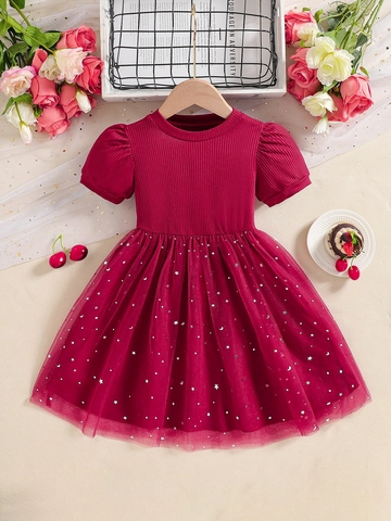 Mädchen Sommer Prinzessin Kleid Kurzarm Strick Netz Pailletten Stern Mond Lagenlook Tutu Kleidung