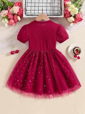Mädchen Sommer Prinzessin Kleid Kurzarm Strick Netz Pailletten Stern Mond Lagenlook Tutu Kleidung