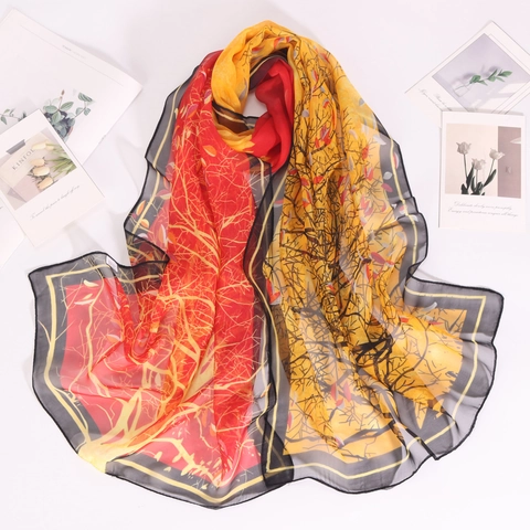 Women Georgette Chiffon Scarf Elegant Forest Tree Print Lightweight Breathable Sun Protection Shawl
