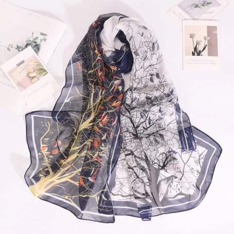 Women Georgette Chiffon Scarf Elegant Forest Tree Print Lightweight Breathable Sun Protection Shawl