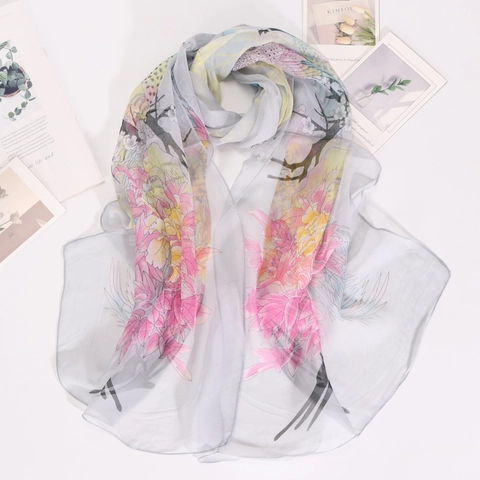 Women Elegant Georgette Scarf Long Magpie Floral Print Shawl Lightweight Breathable Sun Protection Scarf Thin Soft Wrap