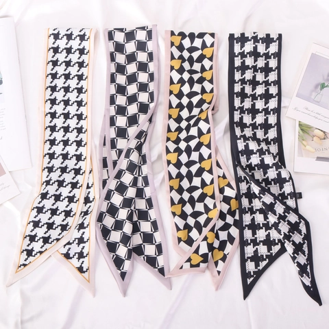 Skinny Scarf For Women Polyester Imitation Satin Houndstooth Checkerboard Print Handbag Handle Wrap Hair Tie Neckwear Elegant