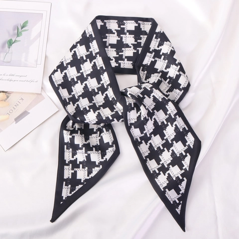 Skinny Scarf For Women Polyester Imitation Satin Houndstooth Checkerboard Print Handbag Handle Wrap Hair Tie Neckwear Elegant