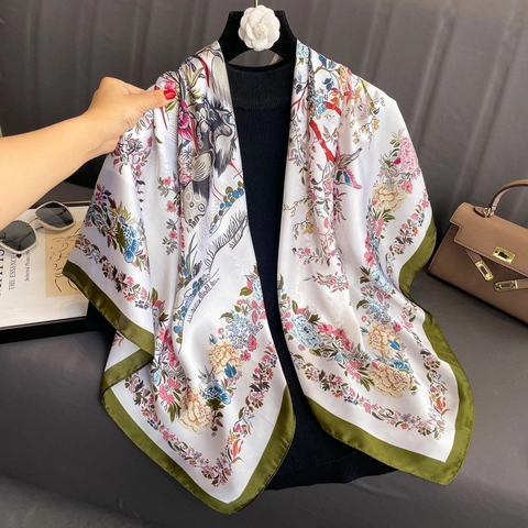 Satin Satin Feel Square Scarf Floral Bird Print Headscarf Elegant Oriental Style Hijab Shawl Wrap For Women Accessory