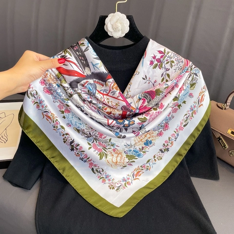 Satin Satin Feel Square Scarf Floral Bird Print Headscarf Elegant Oriental Style Hijab Shawl Wrap For Women Accessory