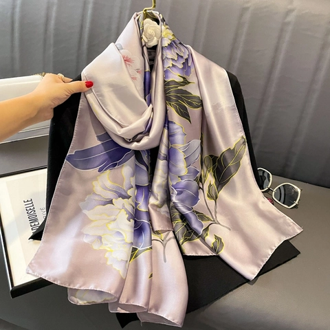 Elegante Bufanda Larga De Satén Con Estampado Floral Chal Ligero De Satén Artificial Para Mujer Estilo Vintage
