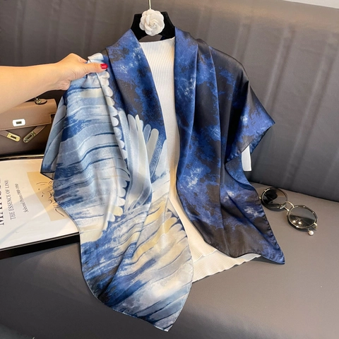 Women Large Satin Square Scarf Printed Hijab Head Wrap Elegant Versatile Sun Protection Shawl Satin Feeling