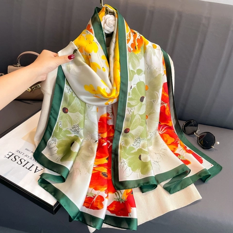 Floral Print Satinschal Damen Elegant Lang Satinnimitat Schal Sonnenschutz Tuch Blumenmuster Mode Accessoire
