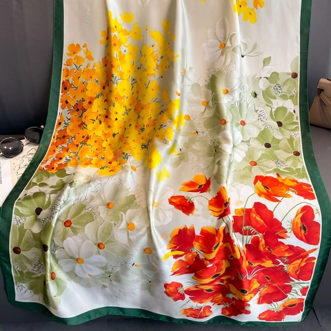 Floral Print Satinschal Damen Elegant Lang Satinnimitat Schal Sonnenschutz Tuch Blumenmuster Mode Accessoire