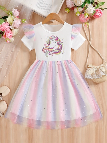 Girls Summer Rainbow Mesh Dress Unicorn Print Cotton Princess Skirt With Star Sequins Ruffle Sleeves For Toddlers Kids