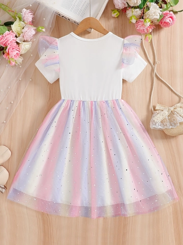 Girls Summer Rainbow Mesh Dress Unicorn Print Cotton Princess Skirt With Star Sequins Ruffle Sleeves For Toddlers Kids
