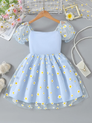 Vestido de malla con margaritas de verano para niñas manga corta abullonada azul claro mezcla de algodón tul vestido de princesa para niños ropa dulce