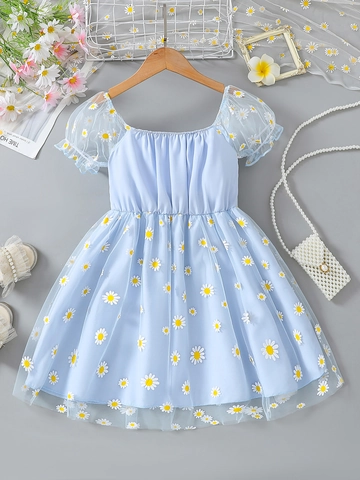 Vestido de malla con margaritas de verano para niñas manga corta abullonada azul claro mezcla de algodón tul vestido de princesa para niños ropa dulce
